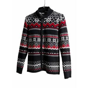 Breckenridge Full Zip Cardigan Nordic Grey Red Black Woman's M 100% Cotton Cabin